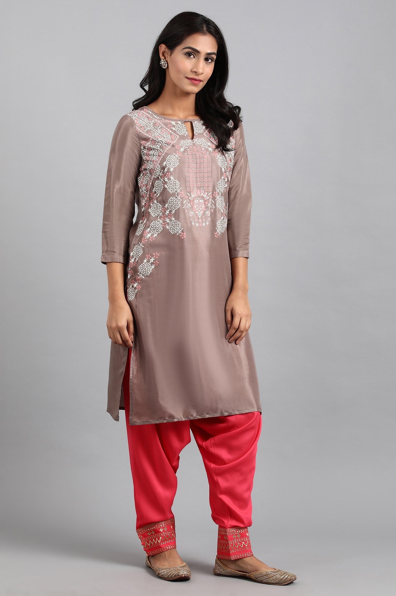 Grey Round Neck Printed kurta