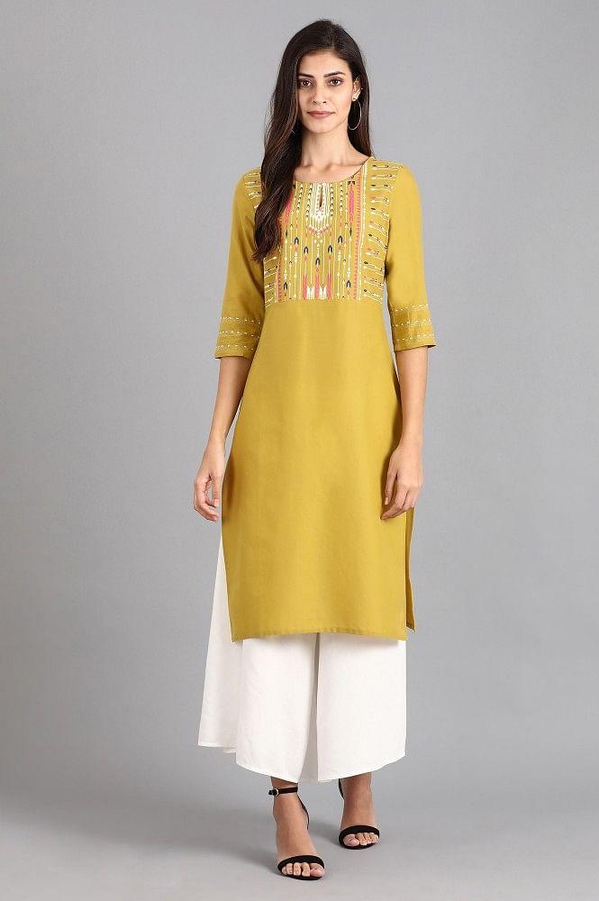 Green Round Neck Printed kurta - wforwoman