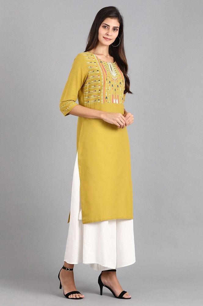 Green Round Neck Printed kurta - wforwoman