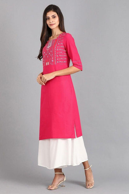 Pink Round Neck Printed kurta - wforwoman