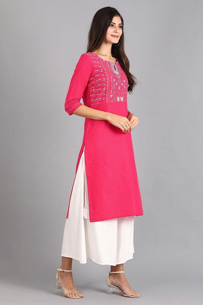 Pink Round Neck Printed kurta - wforwoman