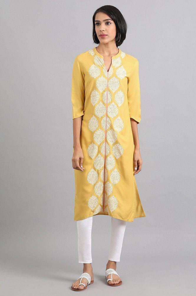 Yellow Mandarin Neck Printed kurta - wforwoman