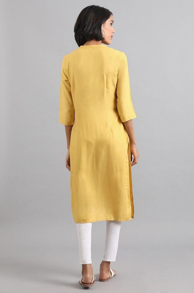 Yellow Mandarin Neck Printed kurta - wforwoman