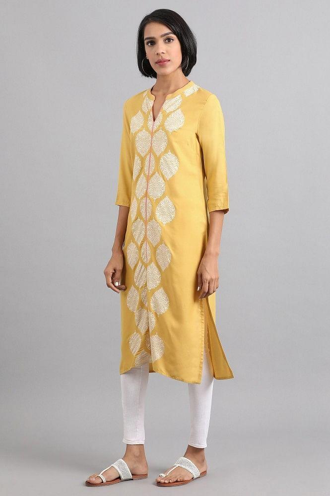 Yellow Mandarin Neck Printed kurta - wforwoman