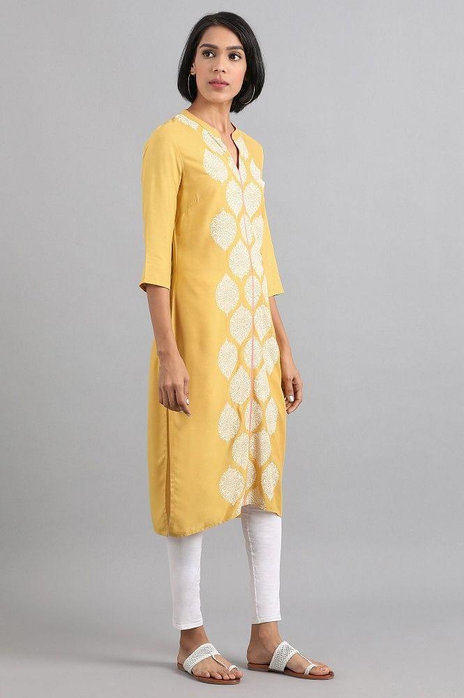 Yellow Mandarin Neck Printed kurta - wforwoman