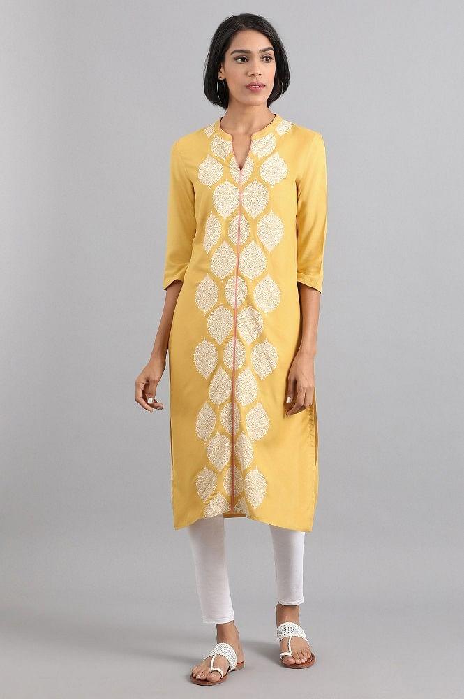 Yellow Mandarin Neck Printed kurta - wforwoman