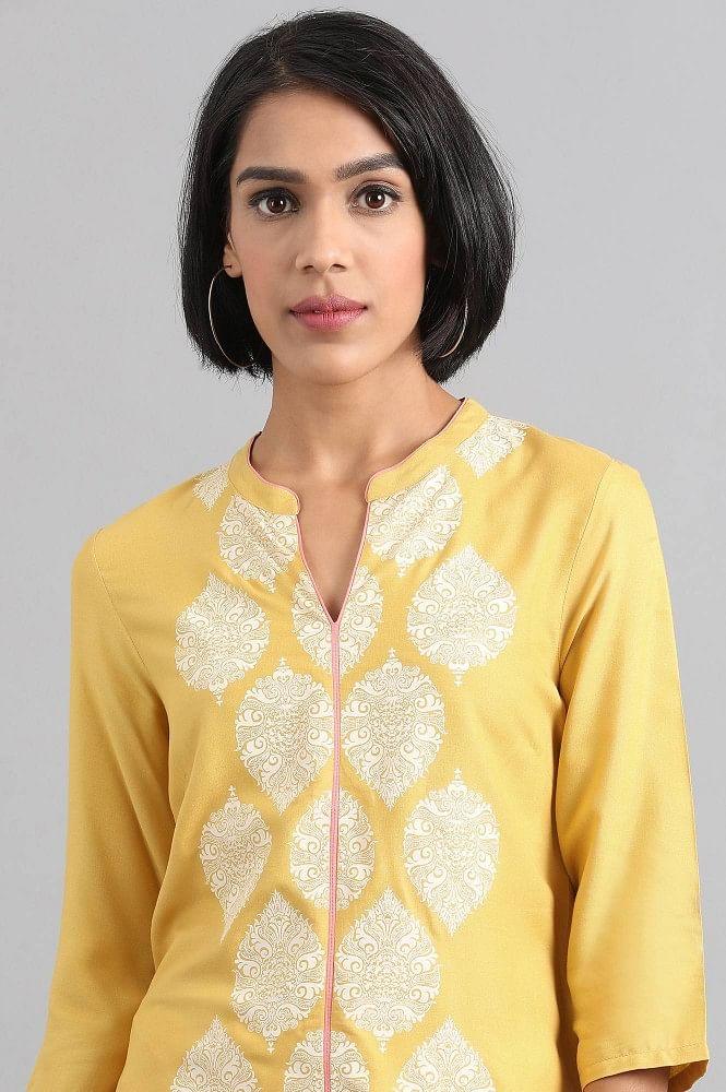 Yellow Mandarin Neck Printed kurta - wforwoman