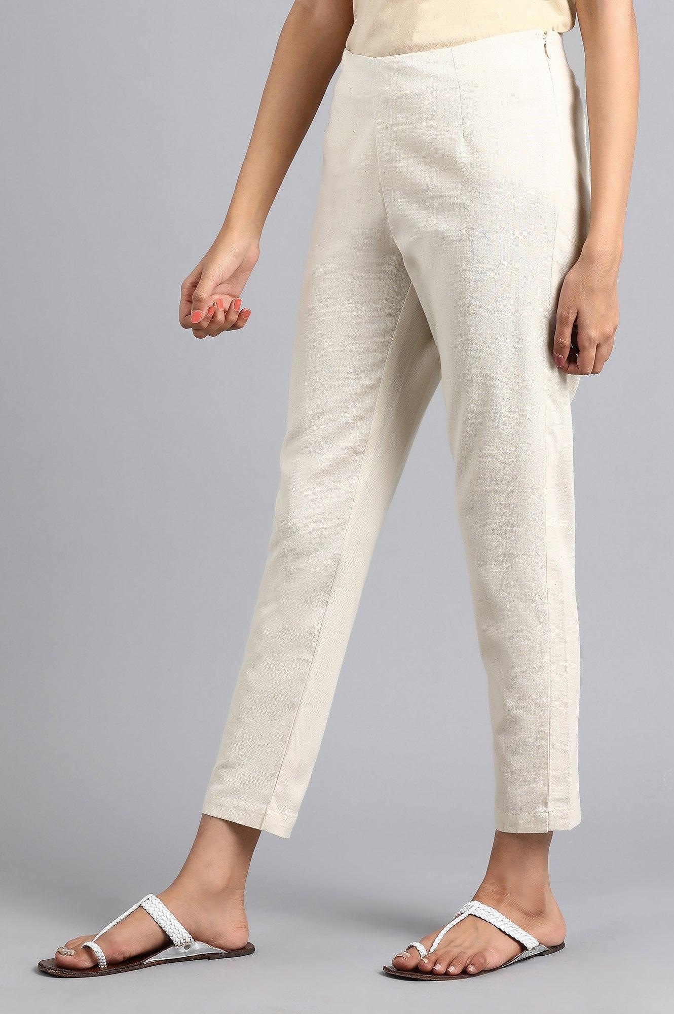 Cream Solid Trousers - wforwoman