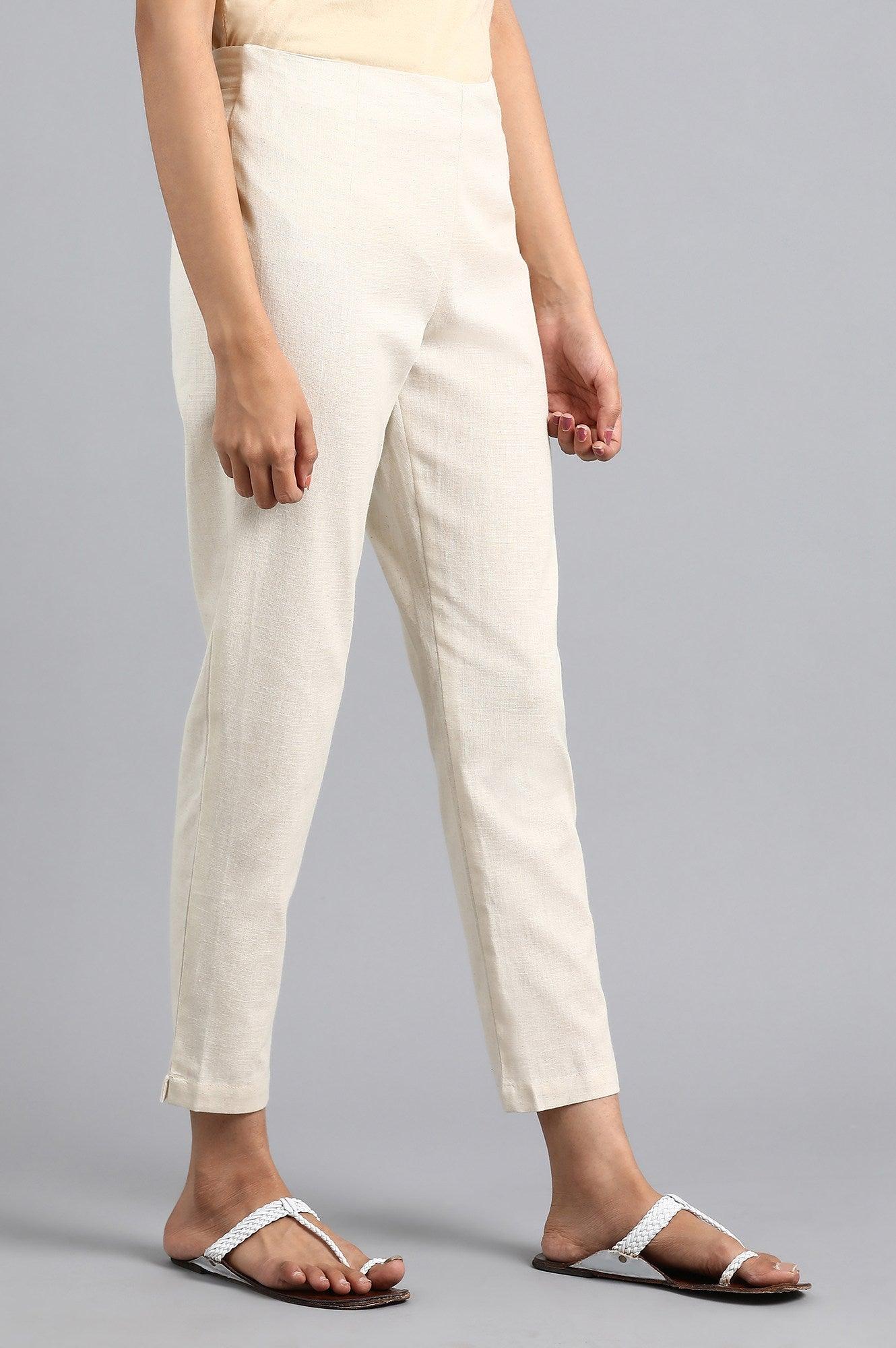 Cream Solid Trousers - wforwoman