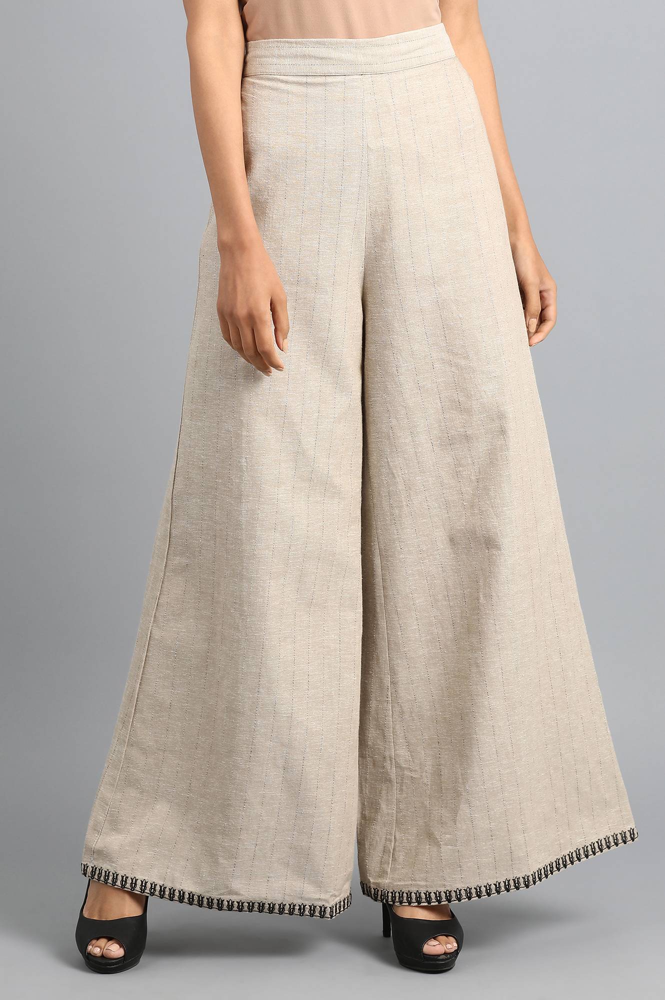 Beige Yarn-dyed Pants