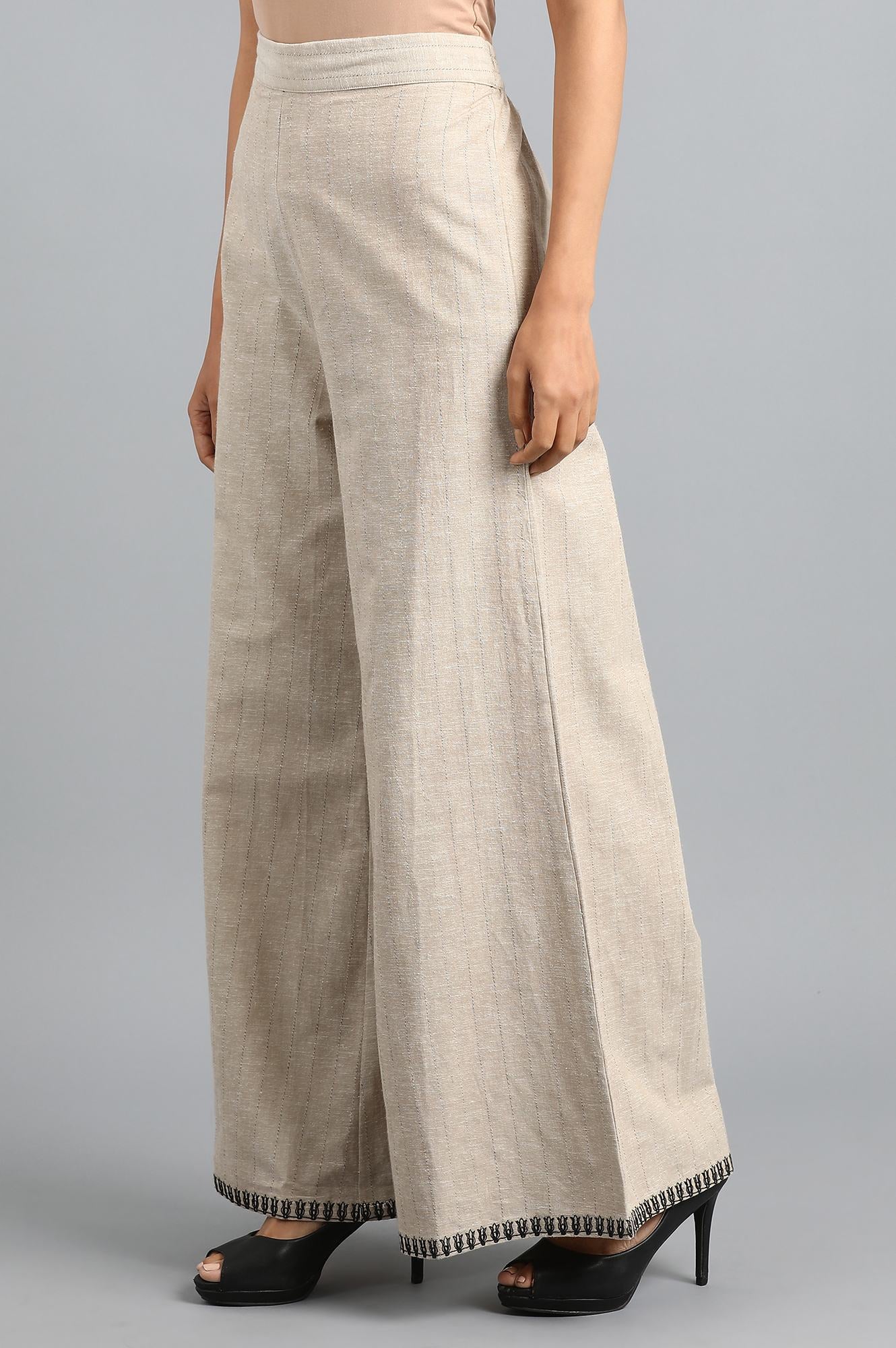 Beige Yarn-dyed Pants