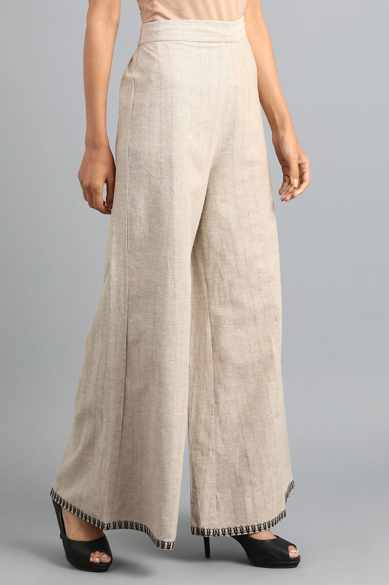 Beige Yarn-dyed Pants