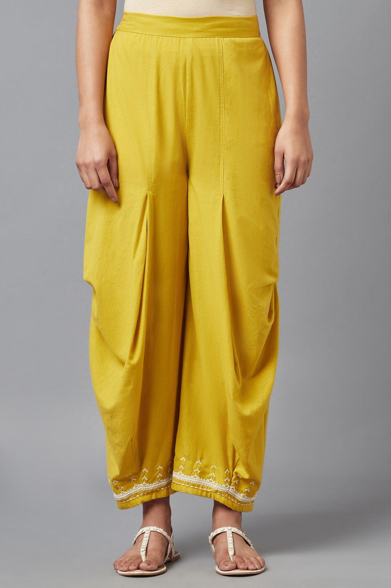 Yellow Cotton Flax Dapped Parallel Pants - wforwoman