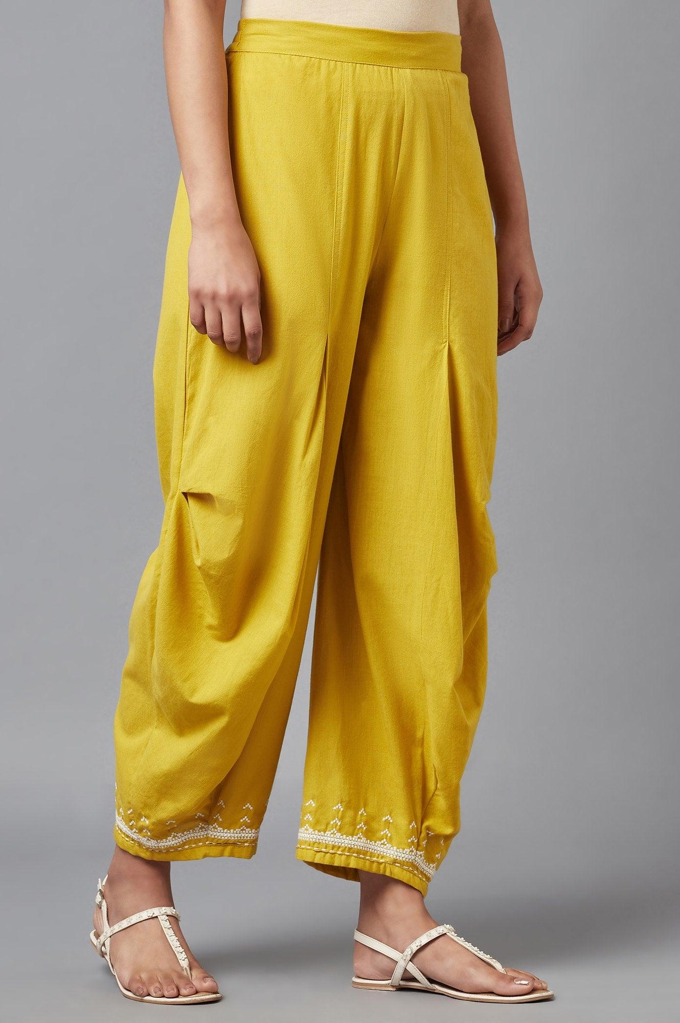 Yellow Cotton Flax Dapped Parallel Pants - wforwoman