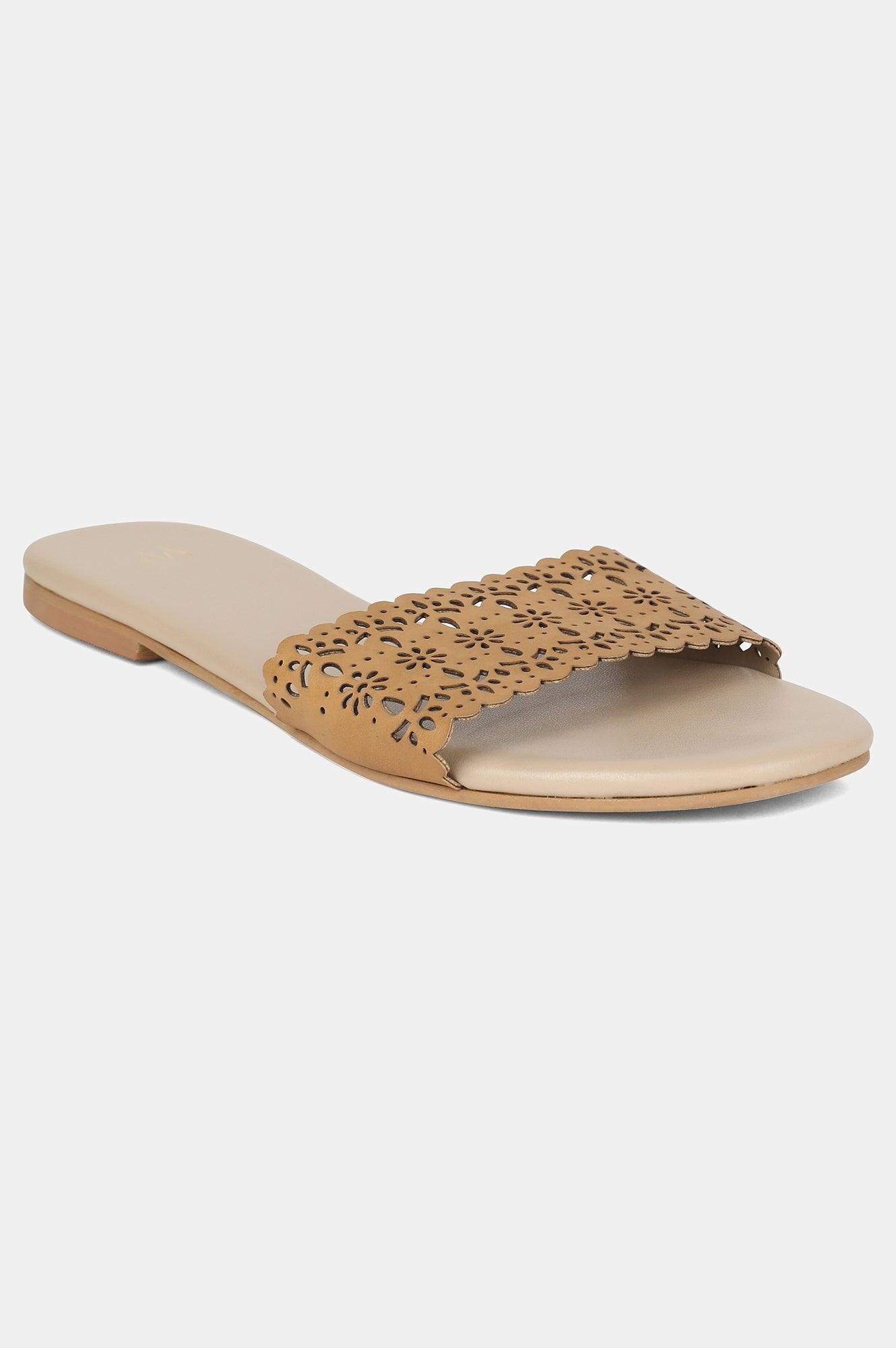 Beige Round Toe Laser Cut Flat - wforwoman