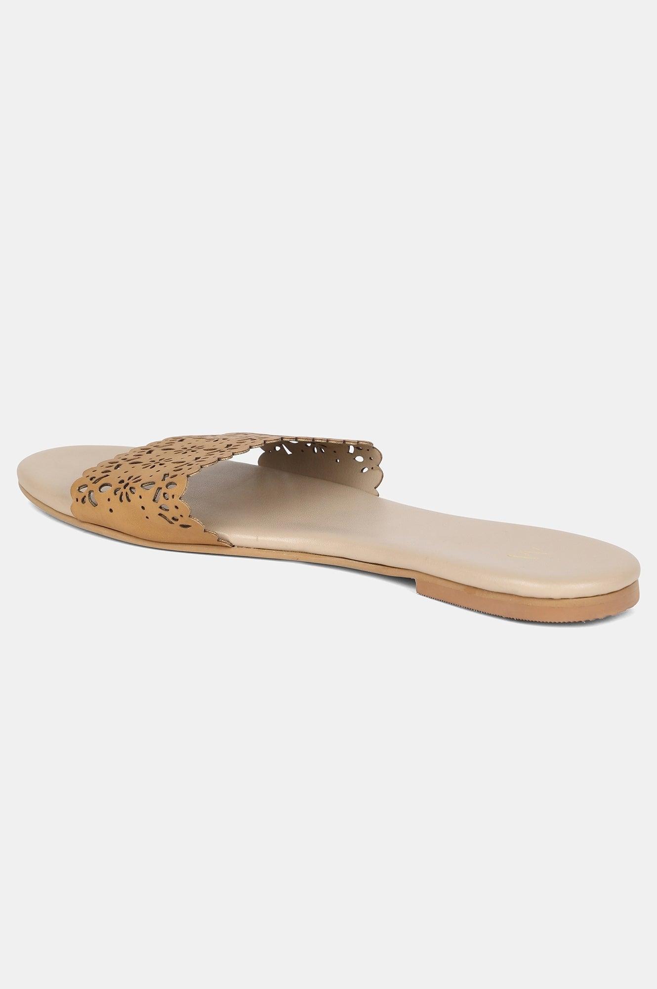 Beige Round Toe Laser Cut Flat - wforwoman