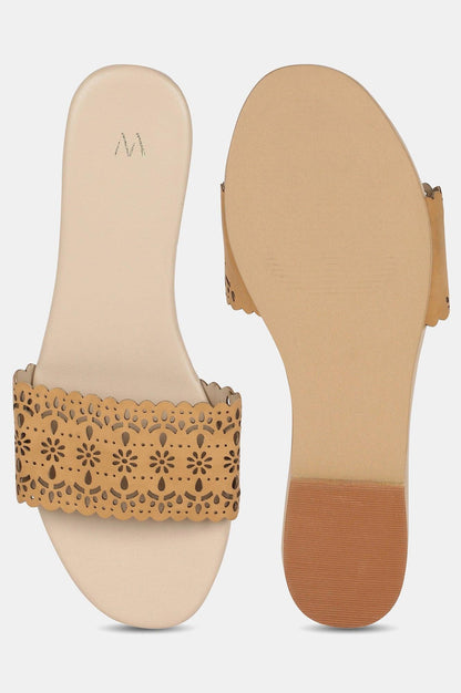 Beige Round Toe Laser Cut Flat - wforwoman