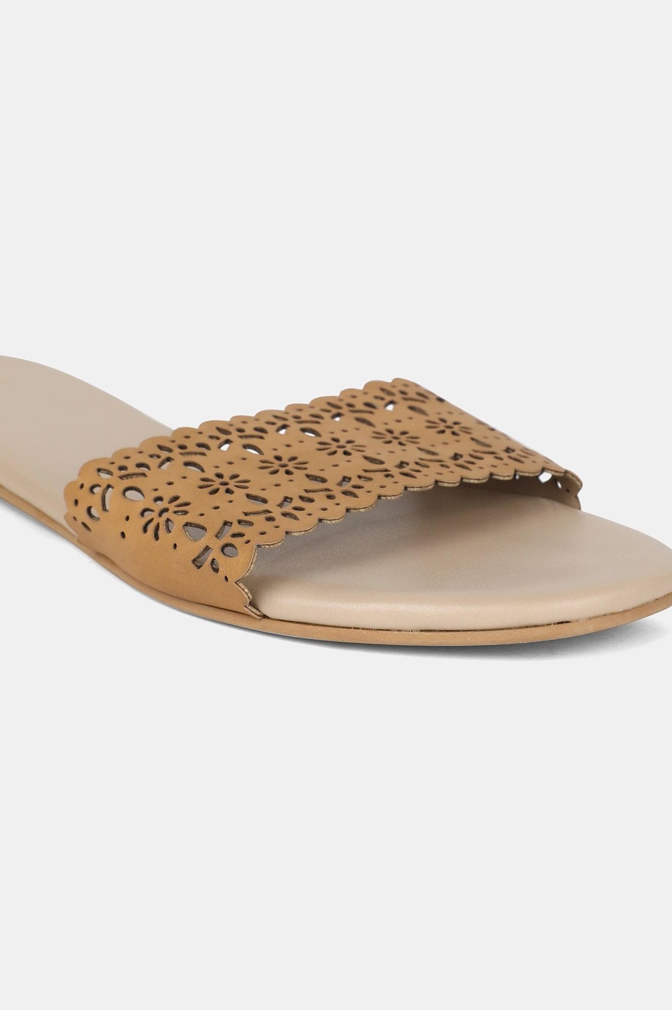 Beige Round Toe Laser Cut Flat - wforwoman