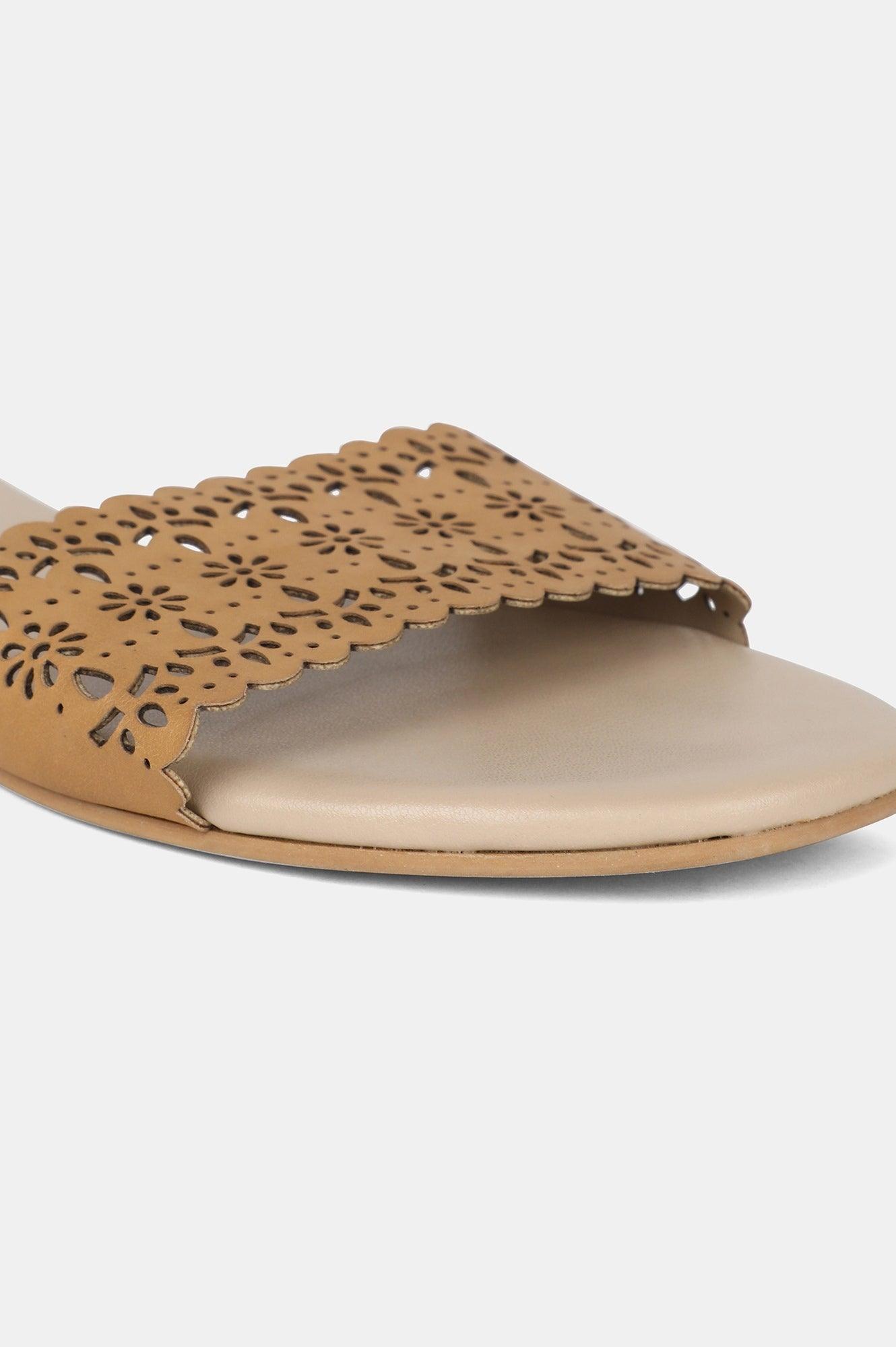 Beige Round Toe Laser Cut Flat - wforwoman