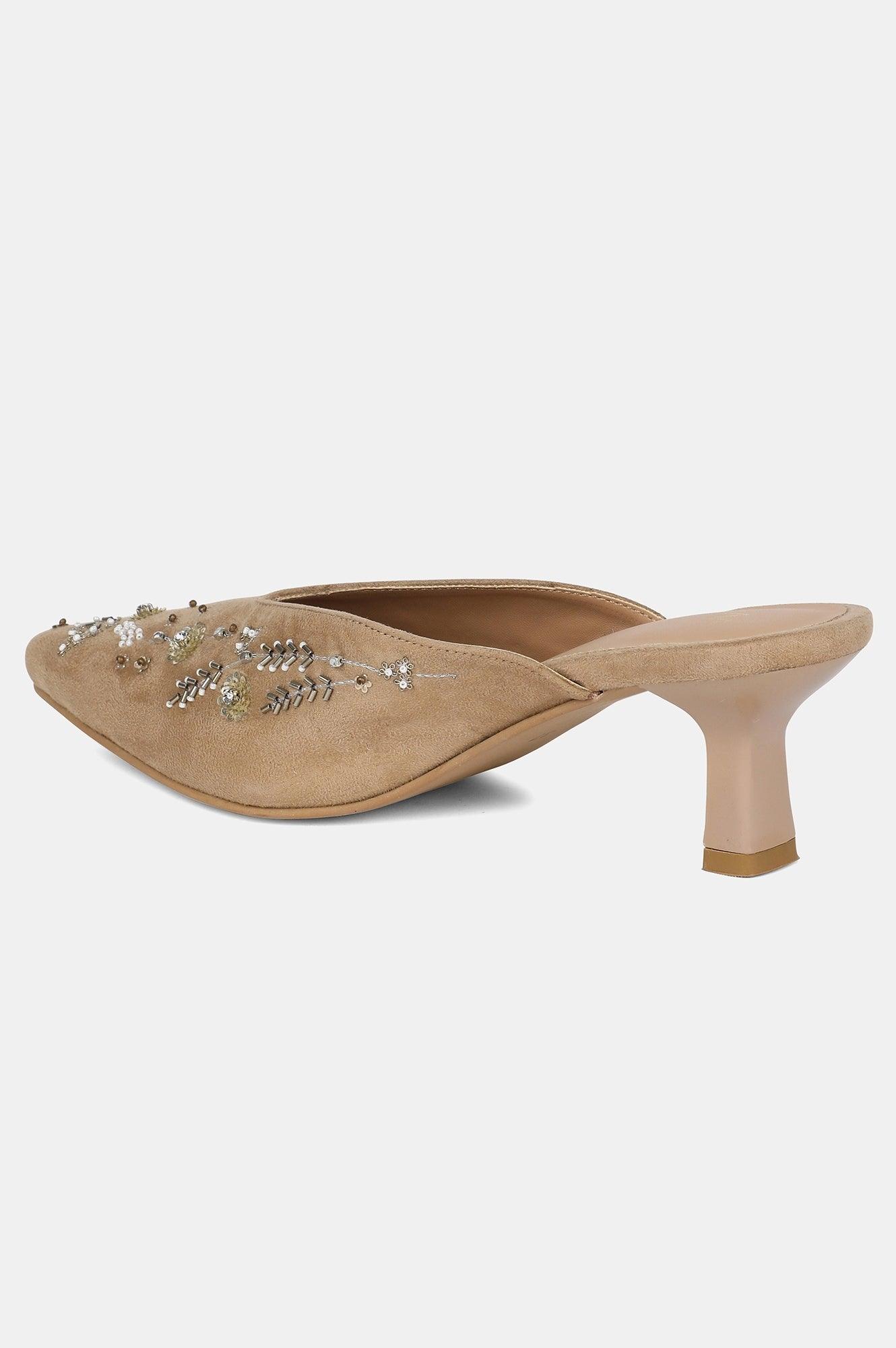 Beige Pointed Toe Embroidered Kitten Heel - wforwoman