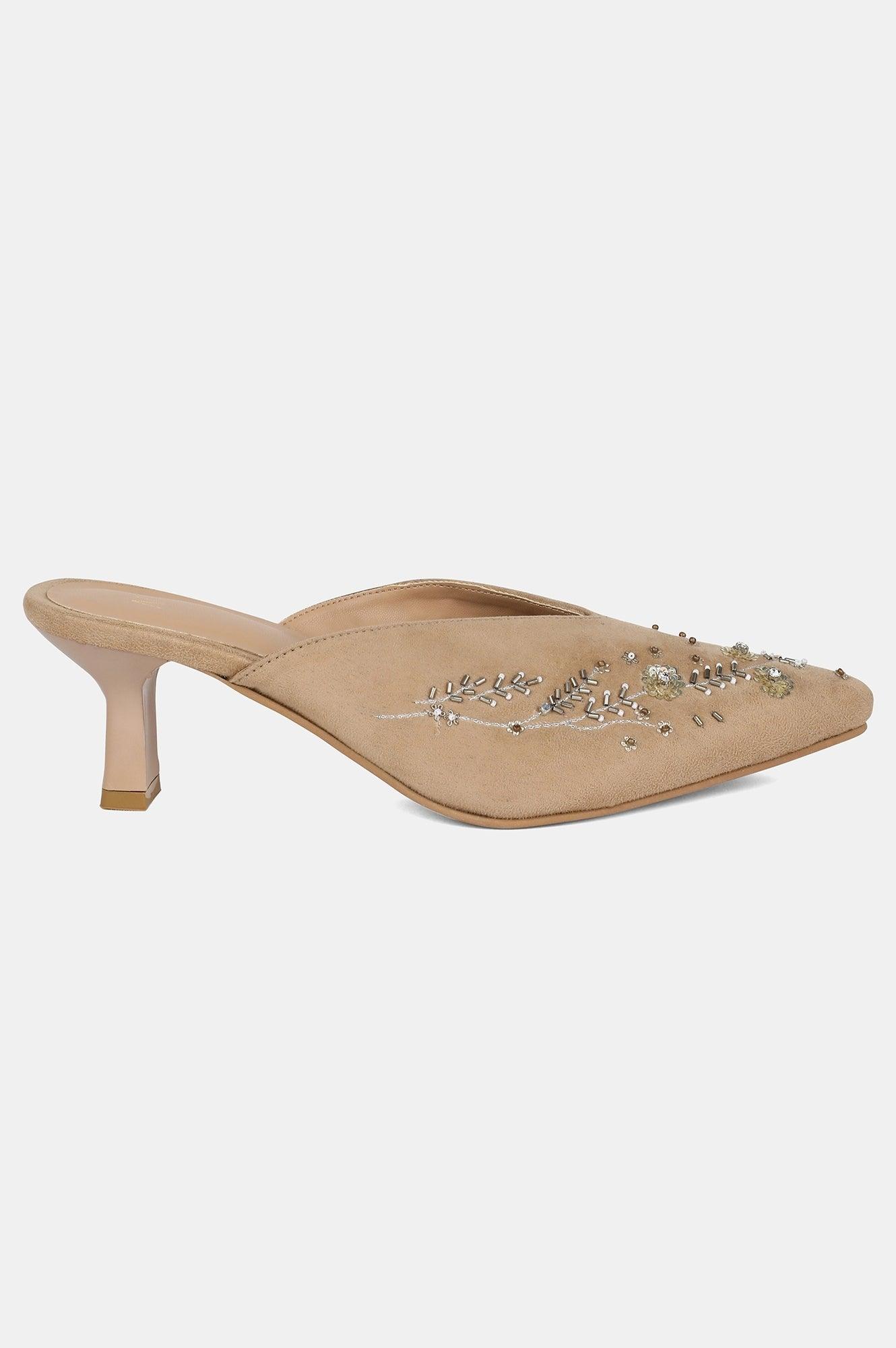 Beige Pointed Toe Embroidered Kitten Heel - wforwoman