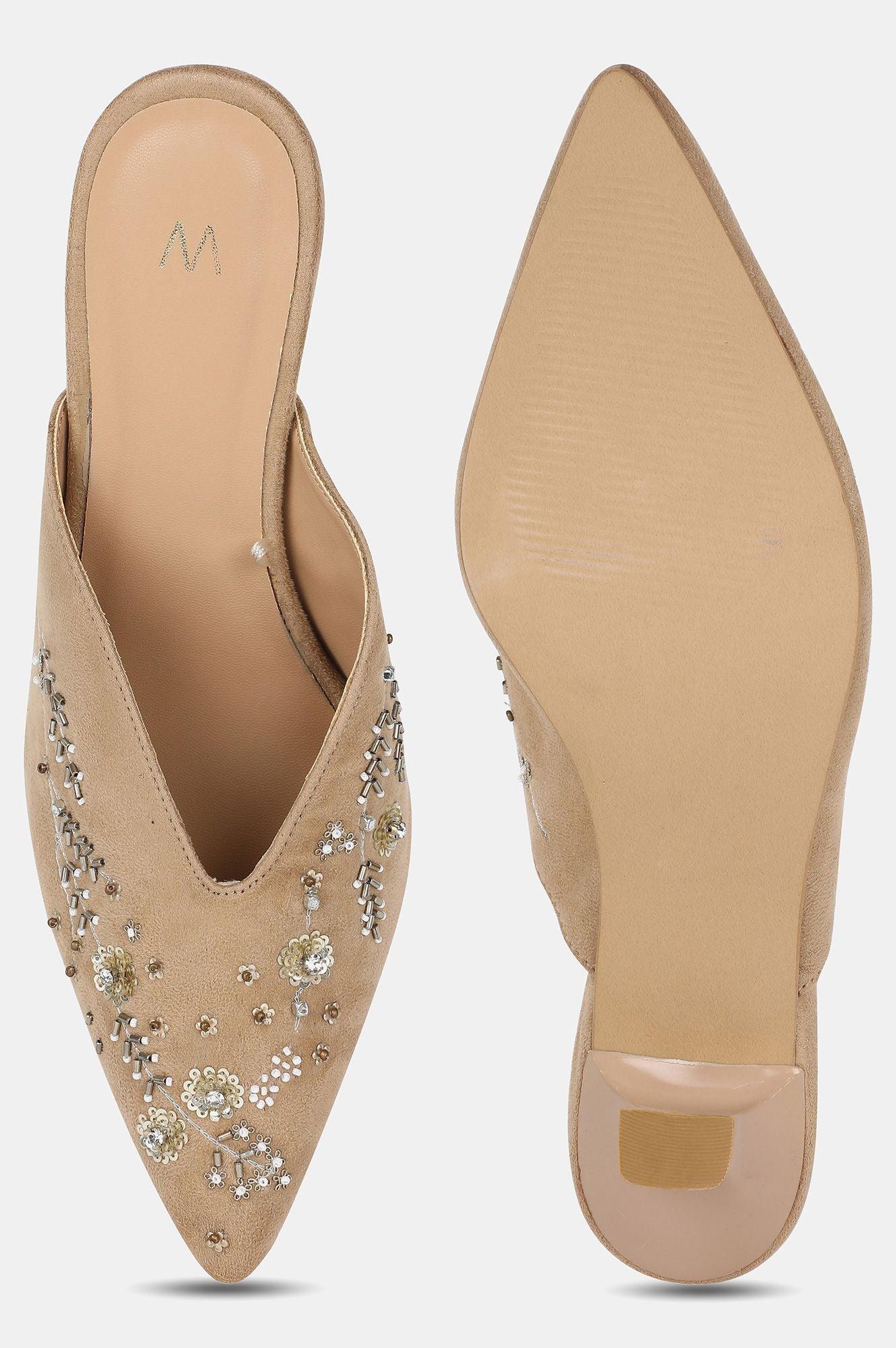 Beige Pointed Toe Embroidered Kitten Heel - wforwoman