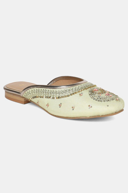 Green Round Toe Embroidered Flat - wforwoman