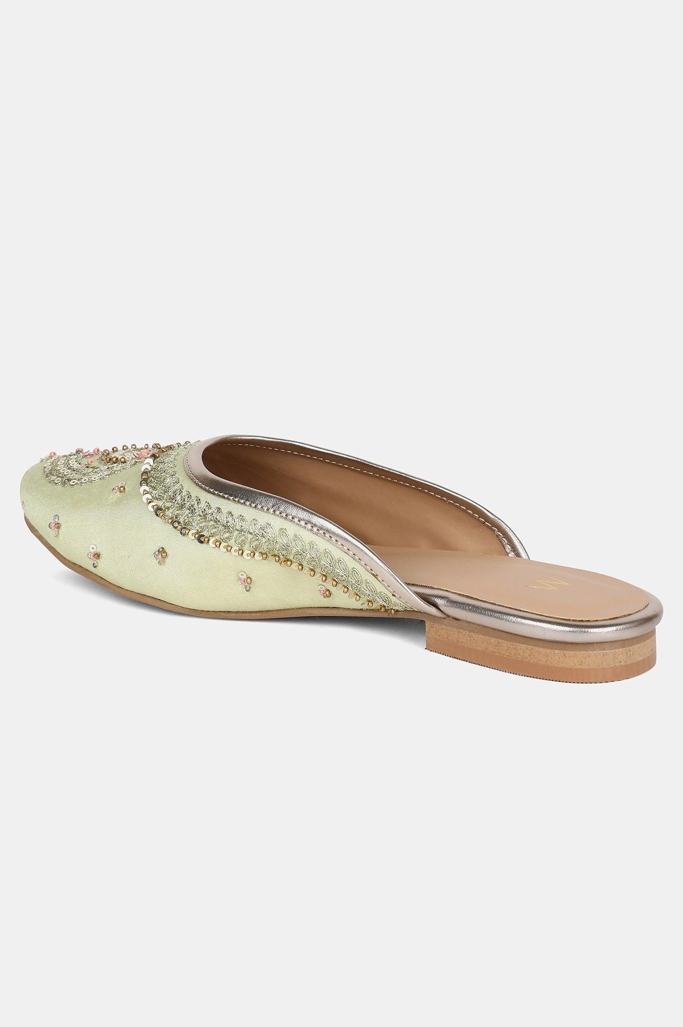 Green Round Toe Embroidered Flat - wforwoman