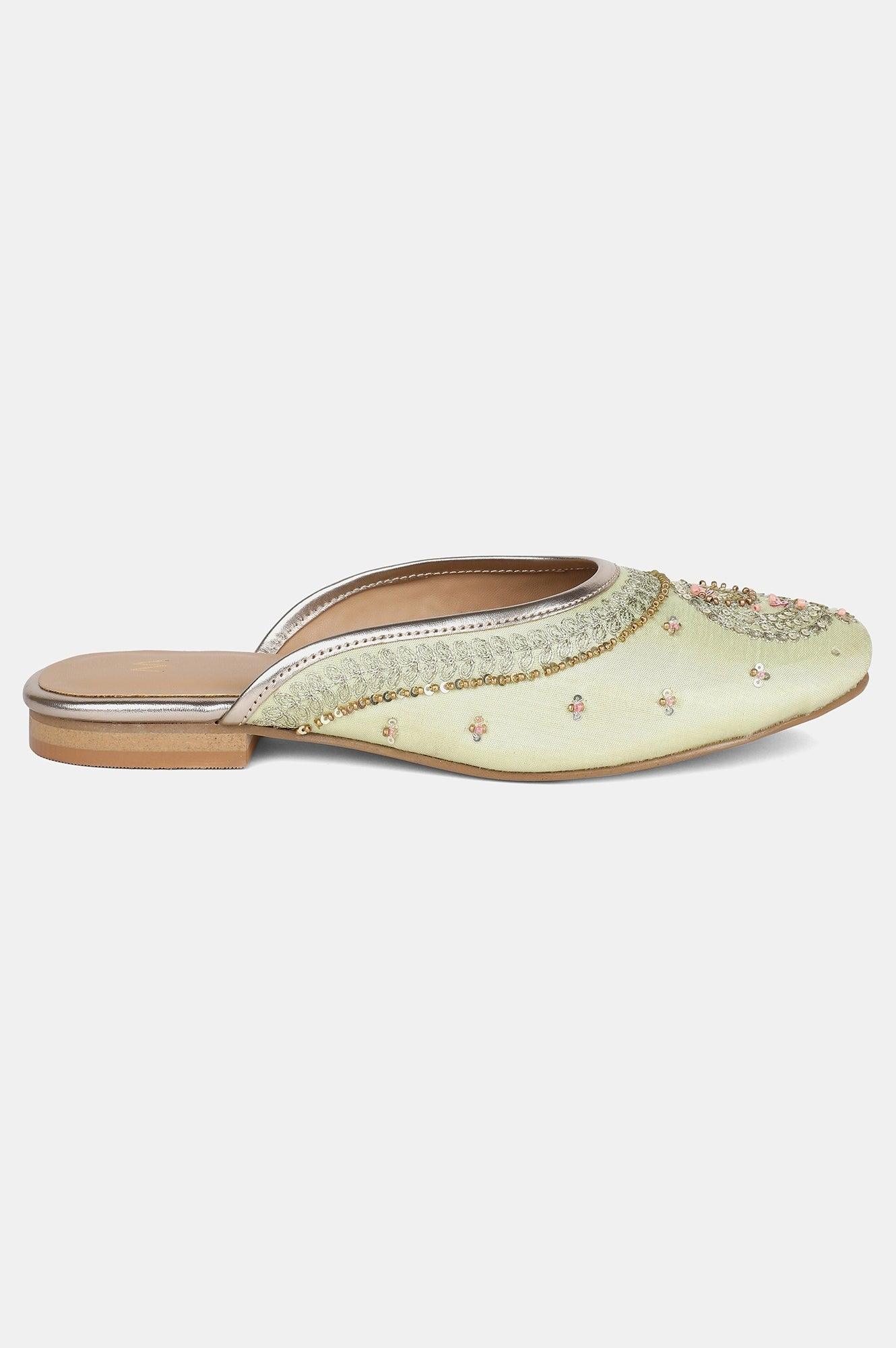 Green Round Toe Embroidered Flat - wforwoman