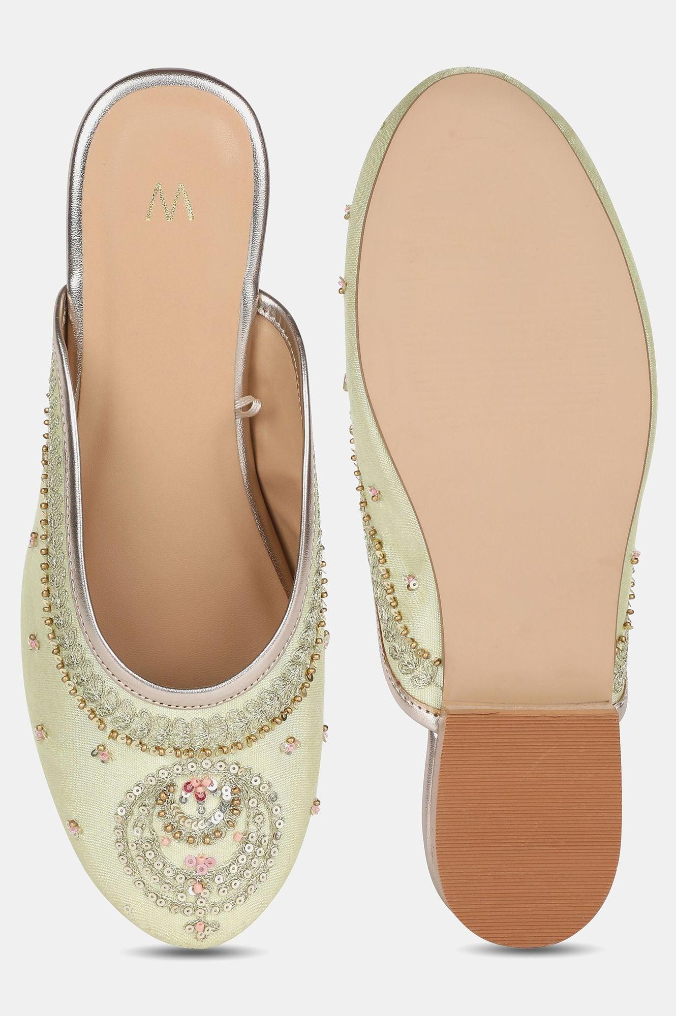 Green Round Toe Embroidered Flat - wforwoman