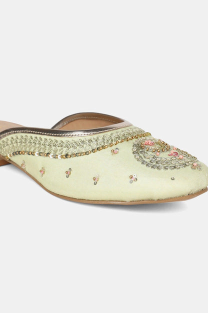 Green Round Toe Embroidered Flat - wforwoman