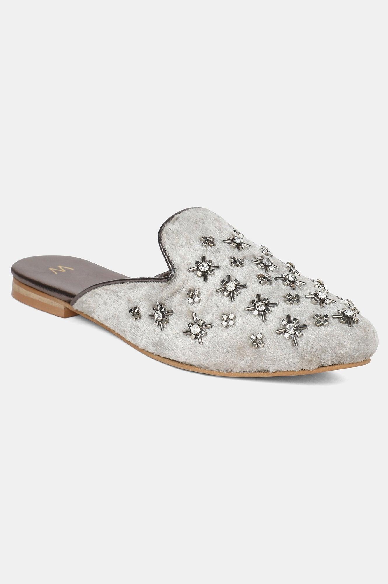 Grey Almond Toe Embroidered Flat - wforwoman