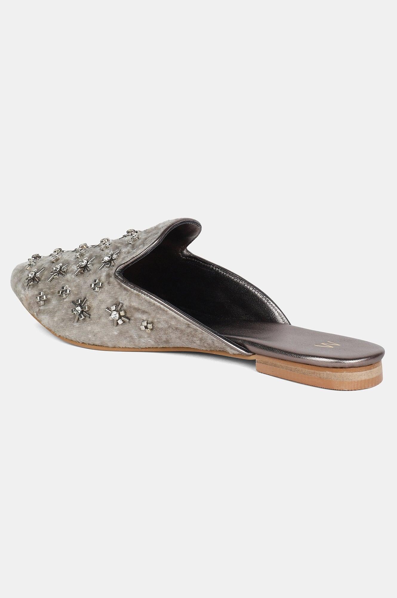 Grey Almond Toe Embroidered Flat - wforwoman