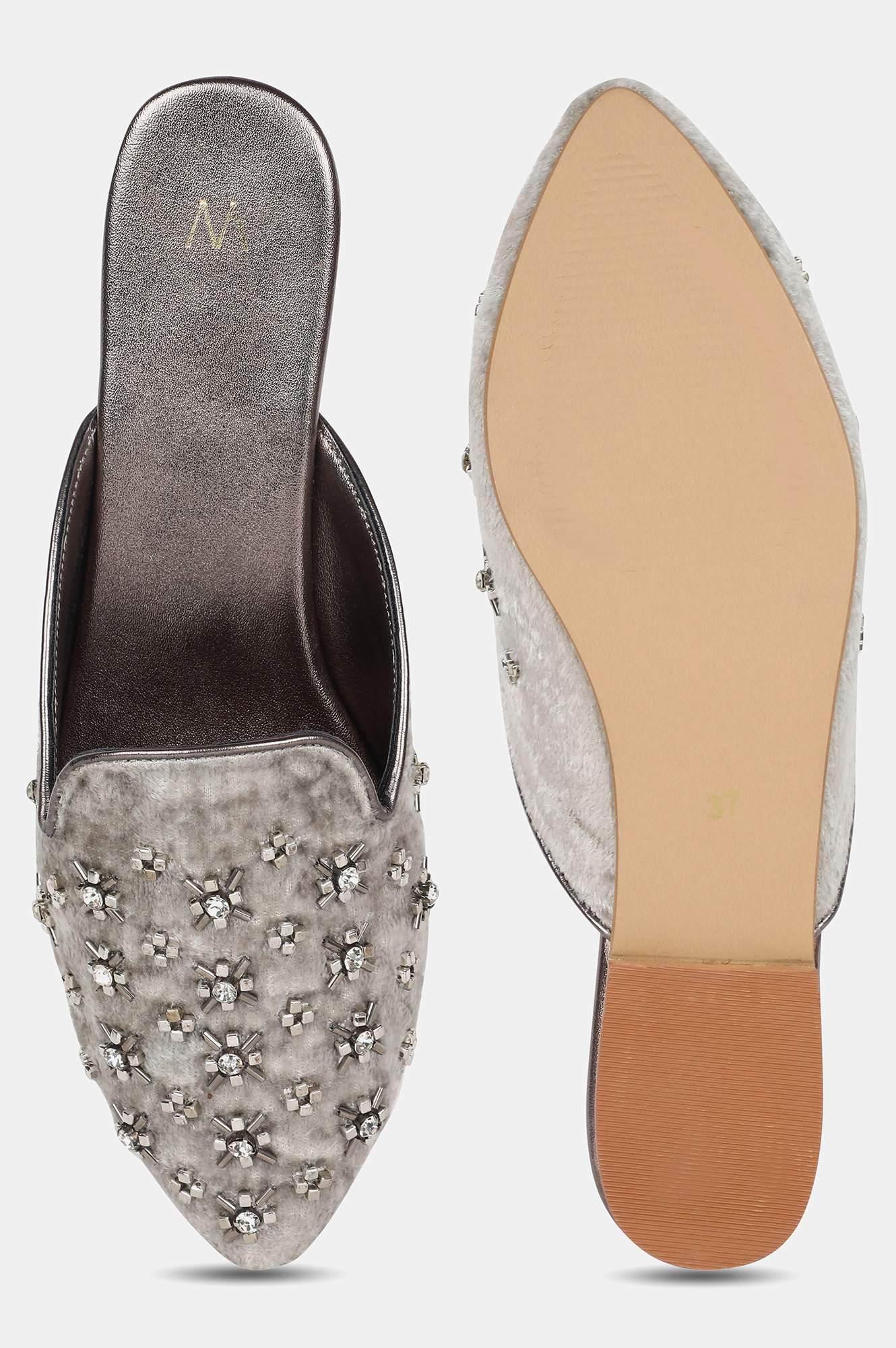 Grey Almond Toe Embroidered Flat - wforwoman