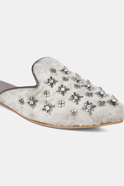 Grey Almond Toe Embroidered Flat - wforwoman