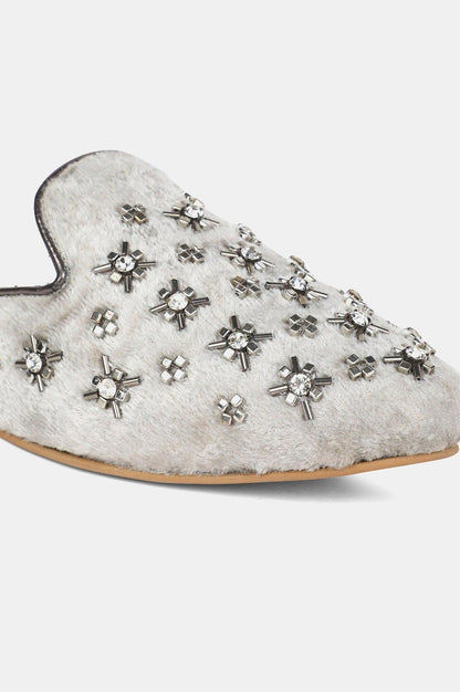 Grey Almond Toe Embroidered Flat - wforwoman