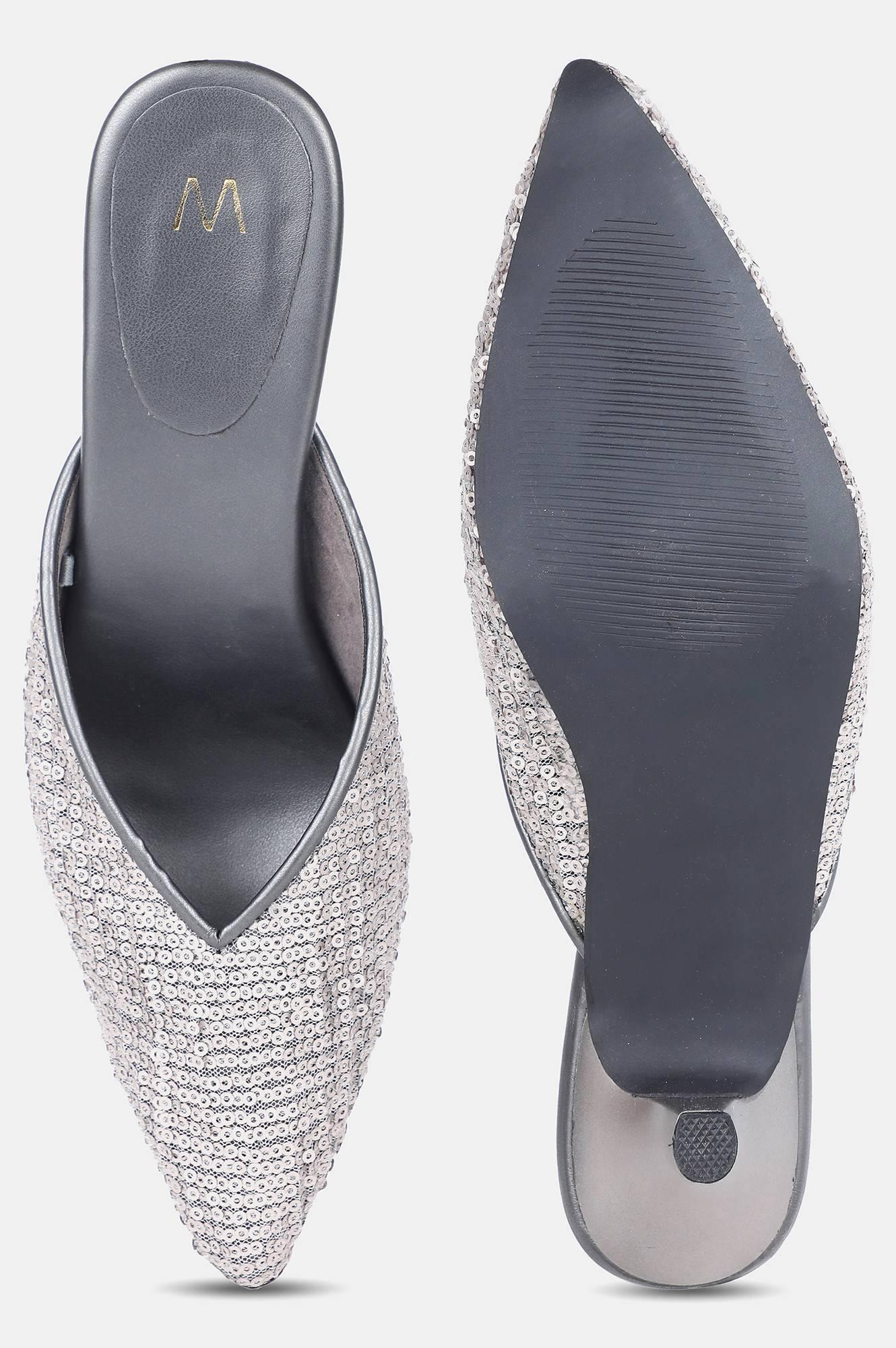 Silver Pointed Toe Sequined Kitten Heel - wforwoman