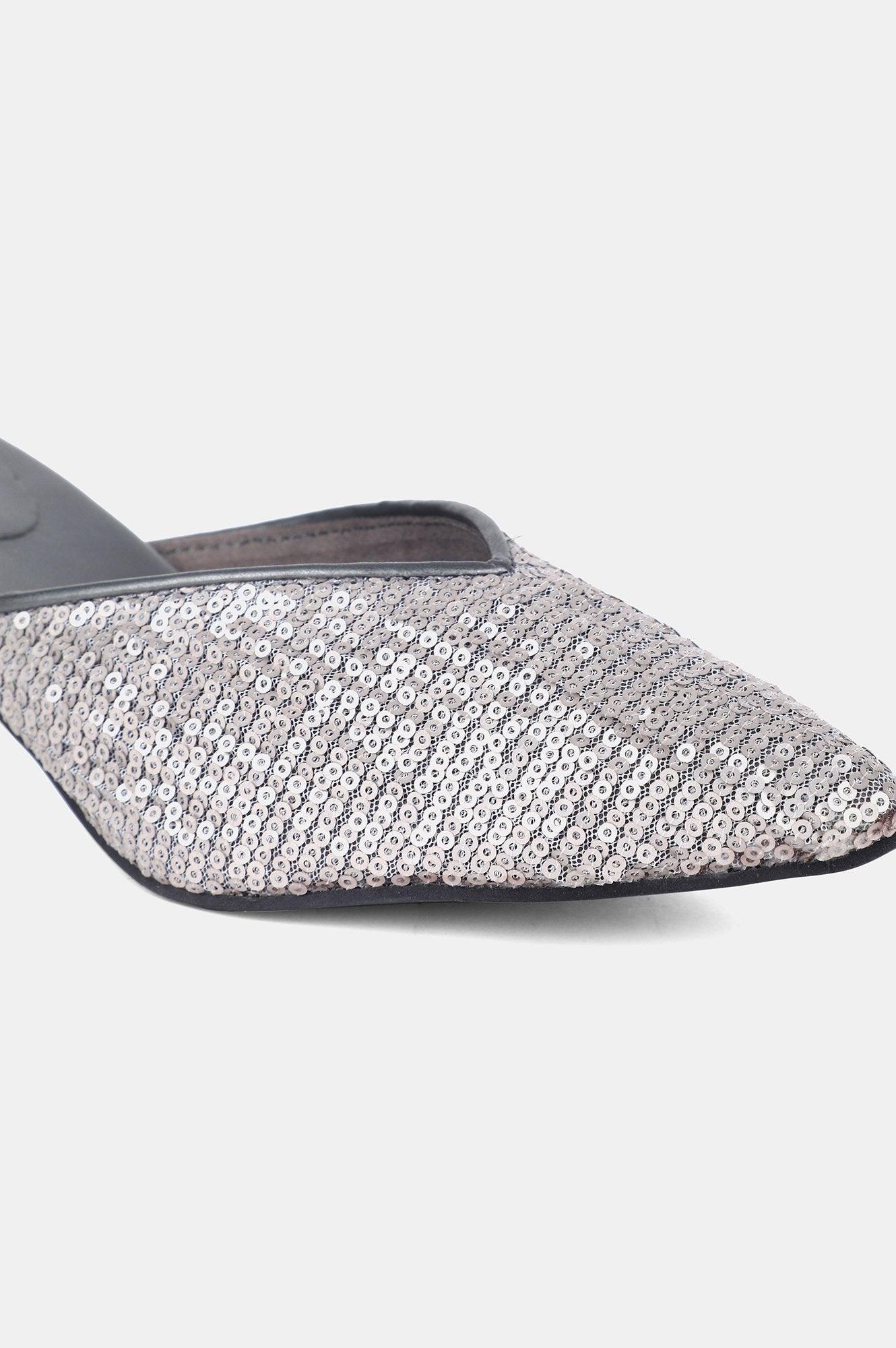 Silver Pointed Toe Sequined Kitten Heel - wforwoman