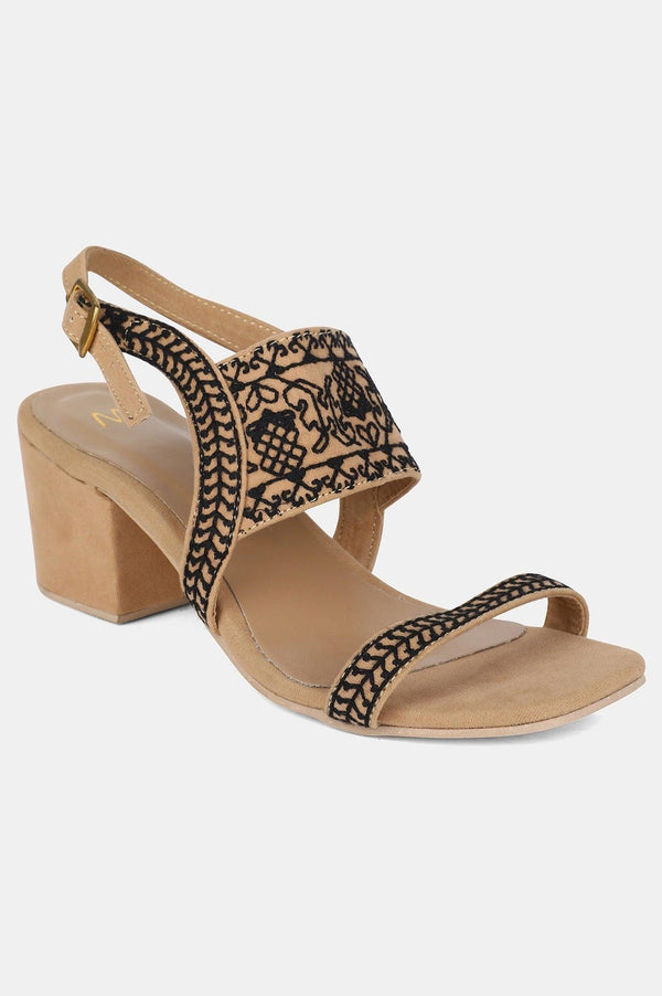 Beige Square Toe Embroidered Block heel