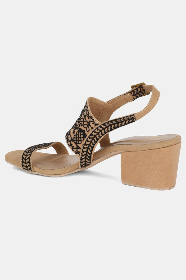 Beige Square Toe Embroidered Block heel