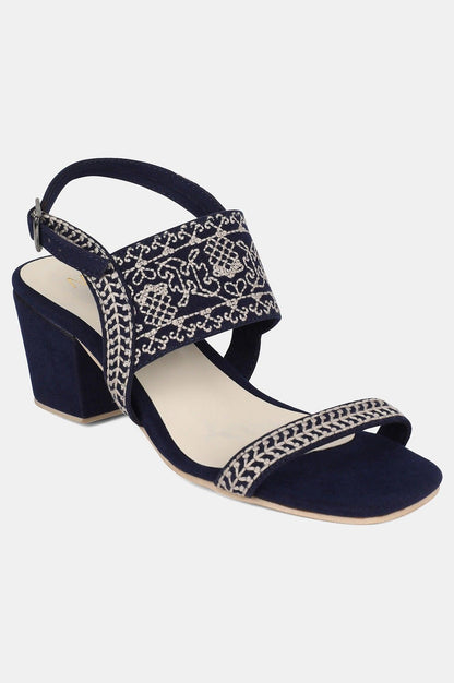 Navy Square Toe Embroidered Block Heel - wforwoman