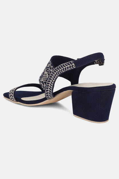 Navy Square Toe Embroidered Block Heel - wforwoman