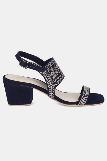 Navy Square Toe Embroidered Block Heel - wforwoman