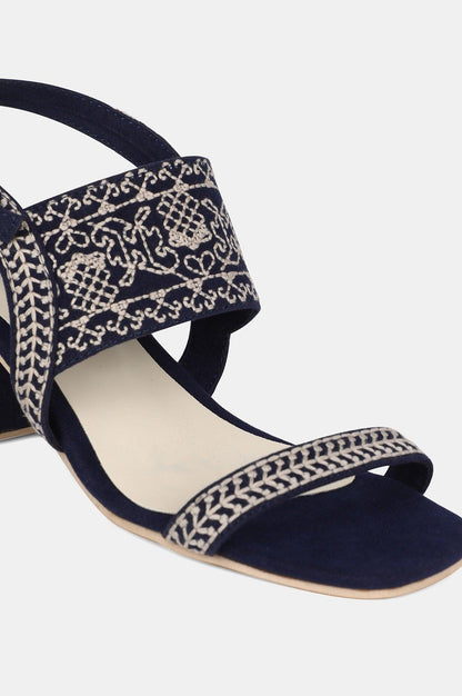 Navy Square Toe Embroidered Block Heel - wforwoman