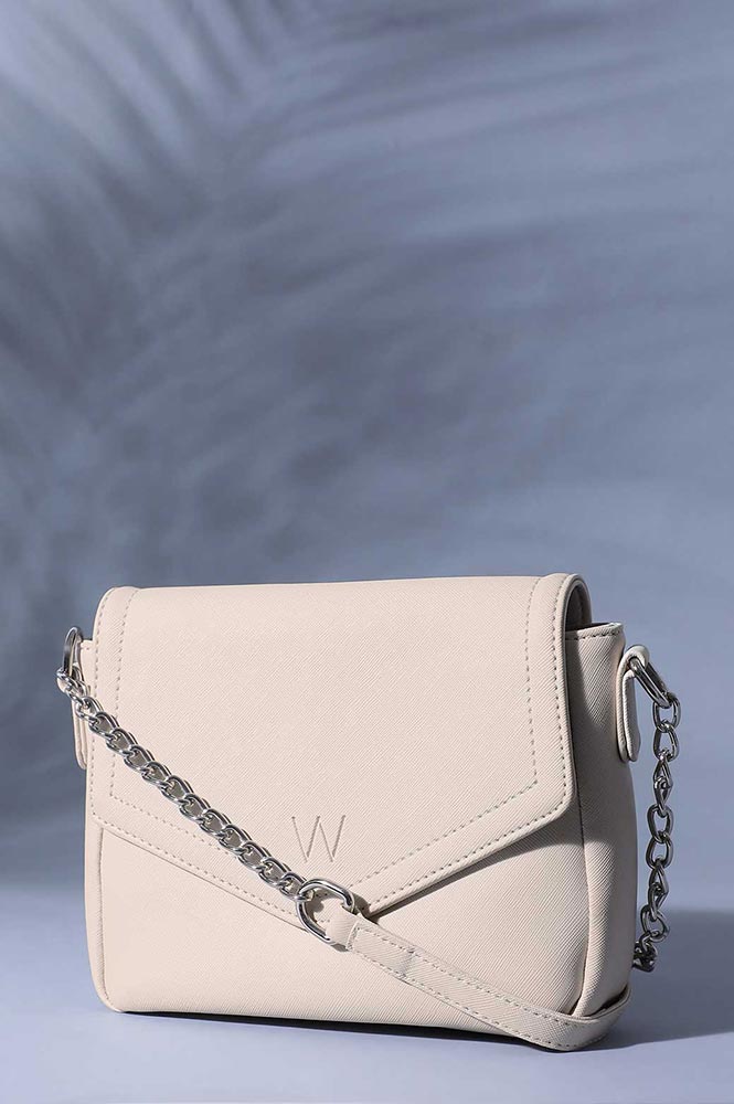 Ivory Saffiano Textured Semi-Chain Strap Sling Bag- WHarper