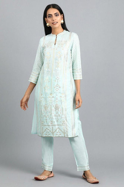 Blue Mandarin Neck Printed kurta Set - wforwoman