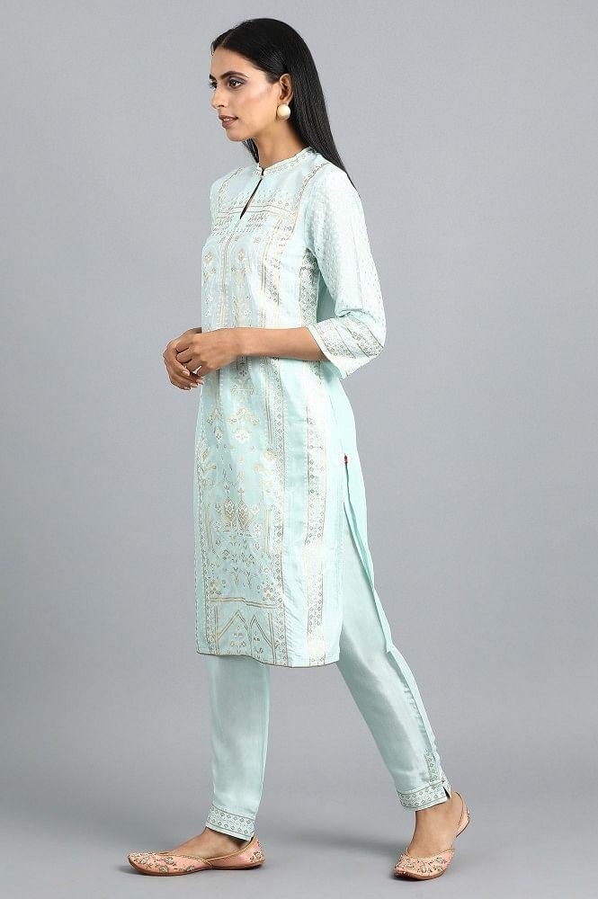 Blue Mandarin Neck Printed kurta Set - wforwoman