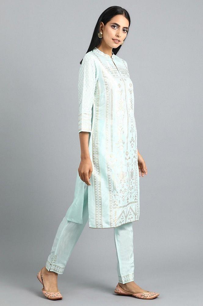 Blue Mandarin Neck Printed kurta Set - wforwoman