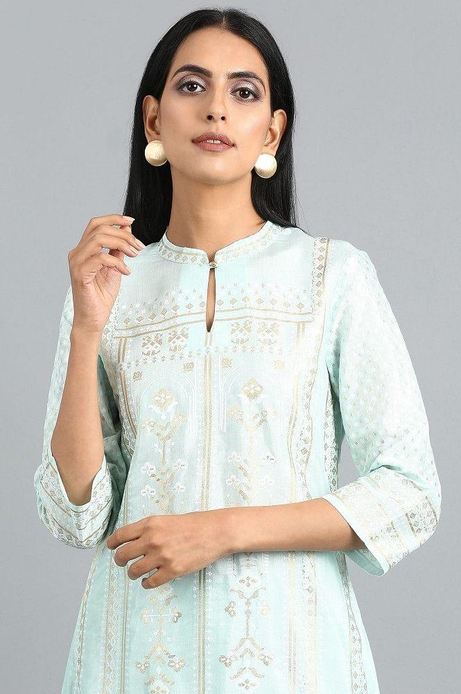 Blue Mandarin Neck Printed kurta Set - wforwoman