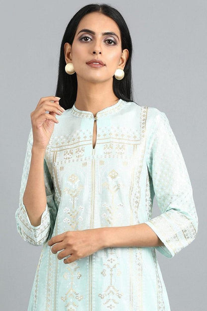 Blue Mandarin Neck Printed kurta Set - wforwoman